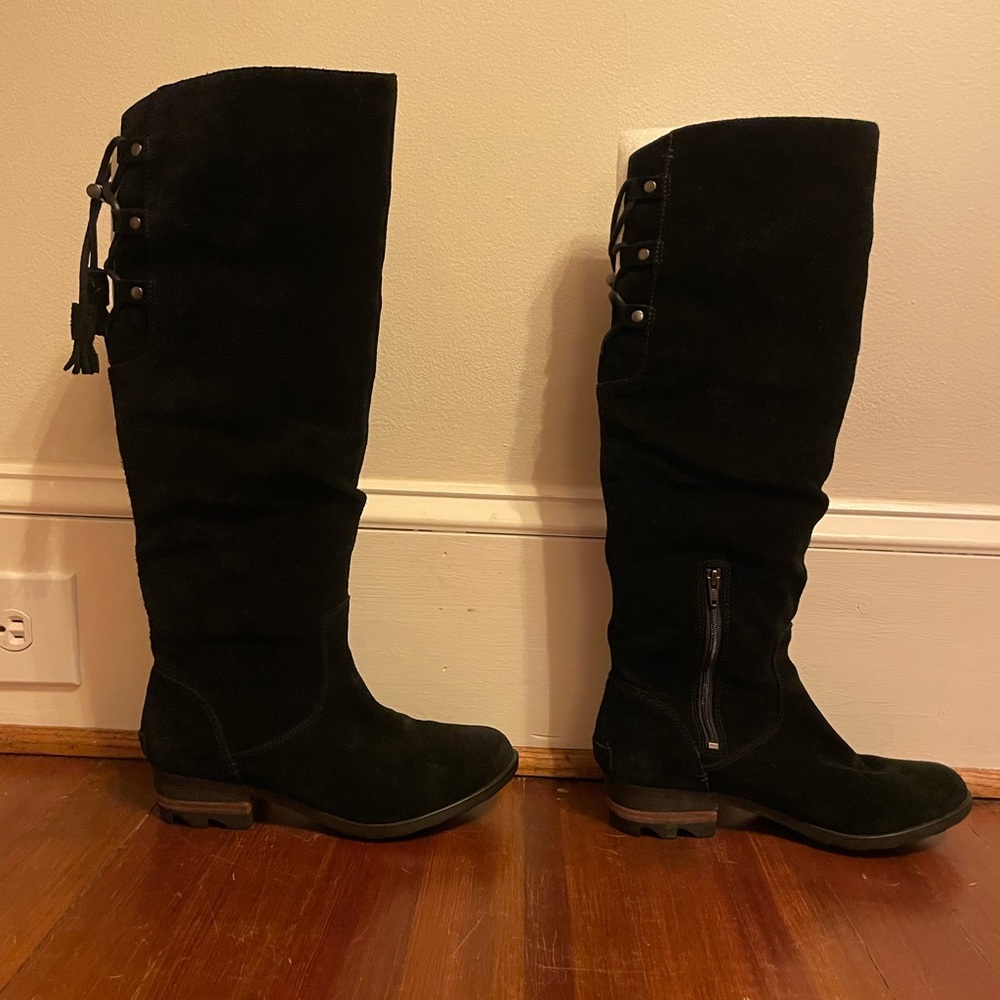 Sorel, Black “Farah” Waterproof suede knee high boots, size 8